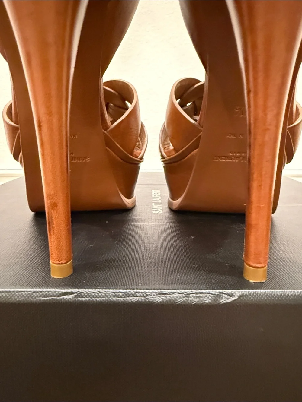 Saint Laurent Tribute 105 Camel Leather Platform Sandals Heels 37.5 Full Set - Picture 6 of 13